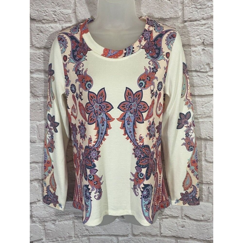 Soft Surroundings Knit Top Small Floral Damask Scroll Print Cotton Shirt
